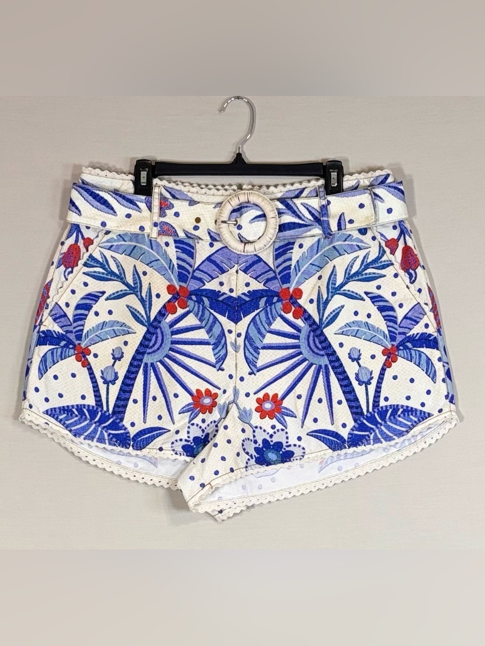 FARM Rio XL Tropical Palm Print Belted Cotton Shorts Blue Cream Resort